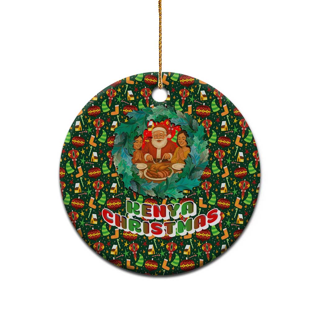 Kenya Christmas Ceramic Ornament with Santa Feast Scene and Festive Wreath Pattern TS04