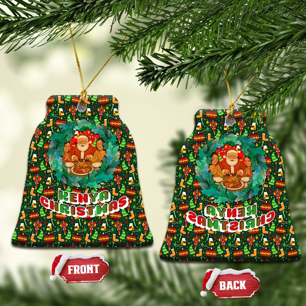 Kenya Christmas Ceramic Ornament with Santa Feast Scene and Festive Wreath Pattern TS04