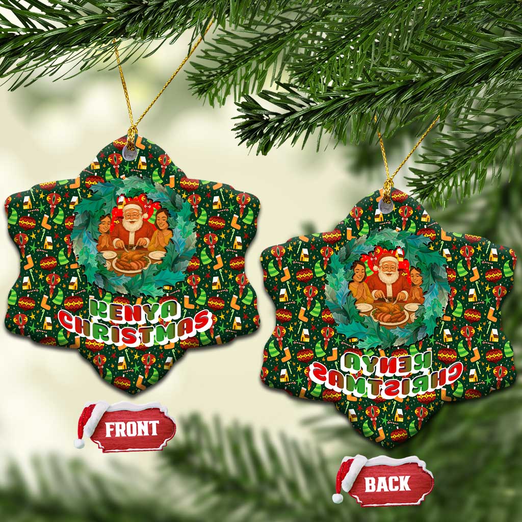 Kenya Christmas Ceramic Ornament with Santa Feast Scene and Festive Wreath Pattern TS04