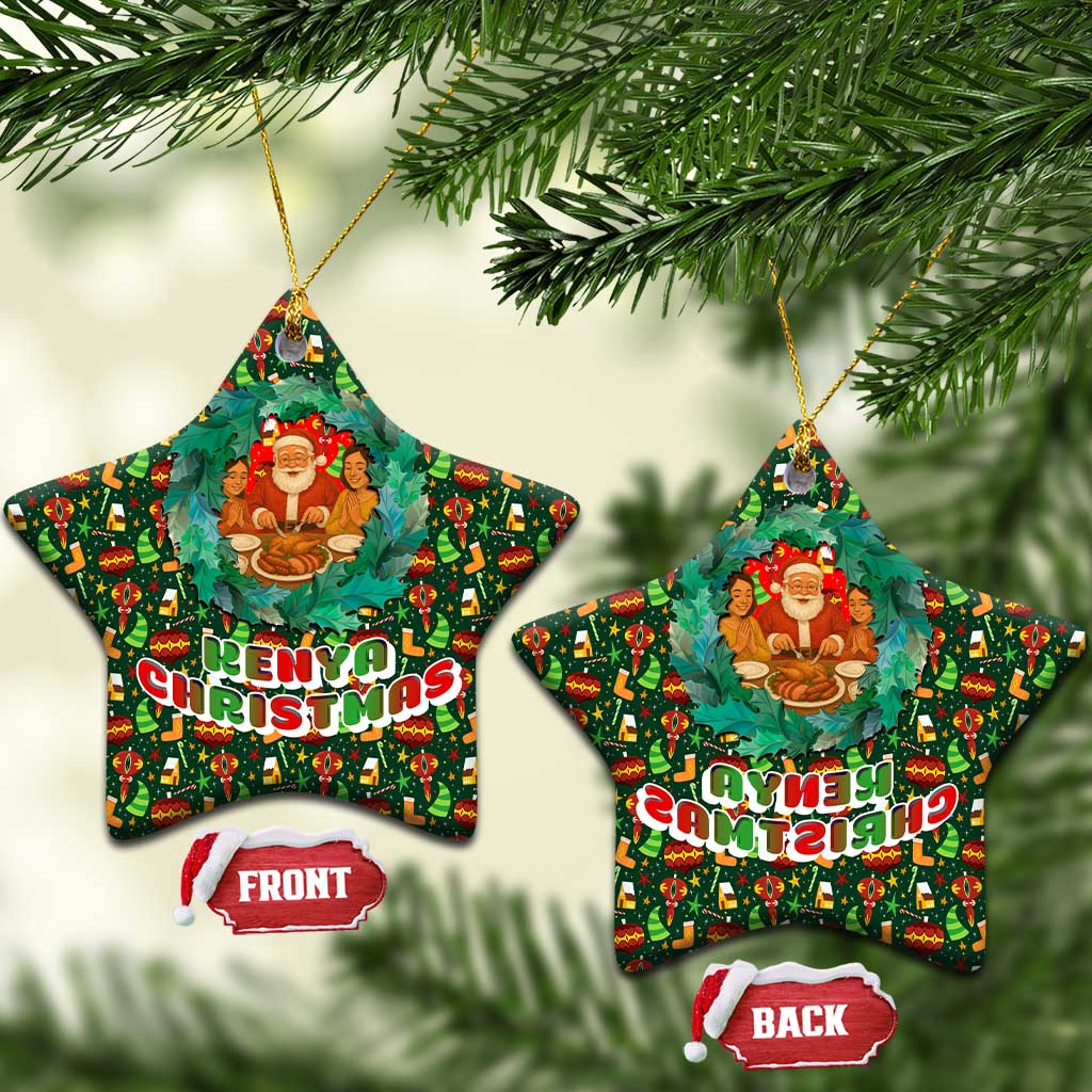 Kenya Christmas Ceramic Ornament with Santa Feast Scene and Festive Wreath Pattern TS04