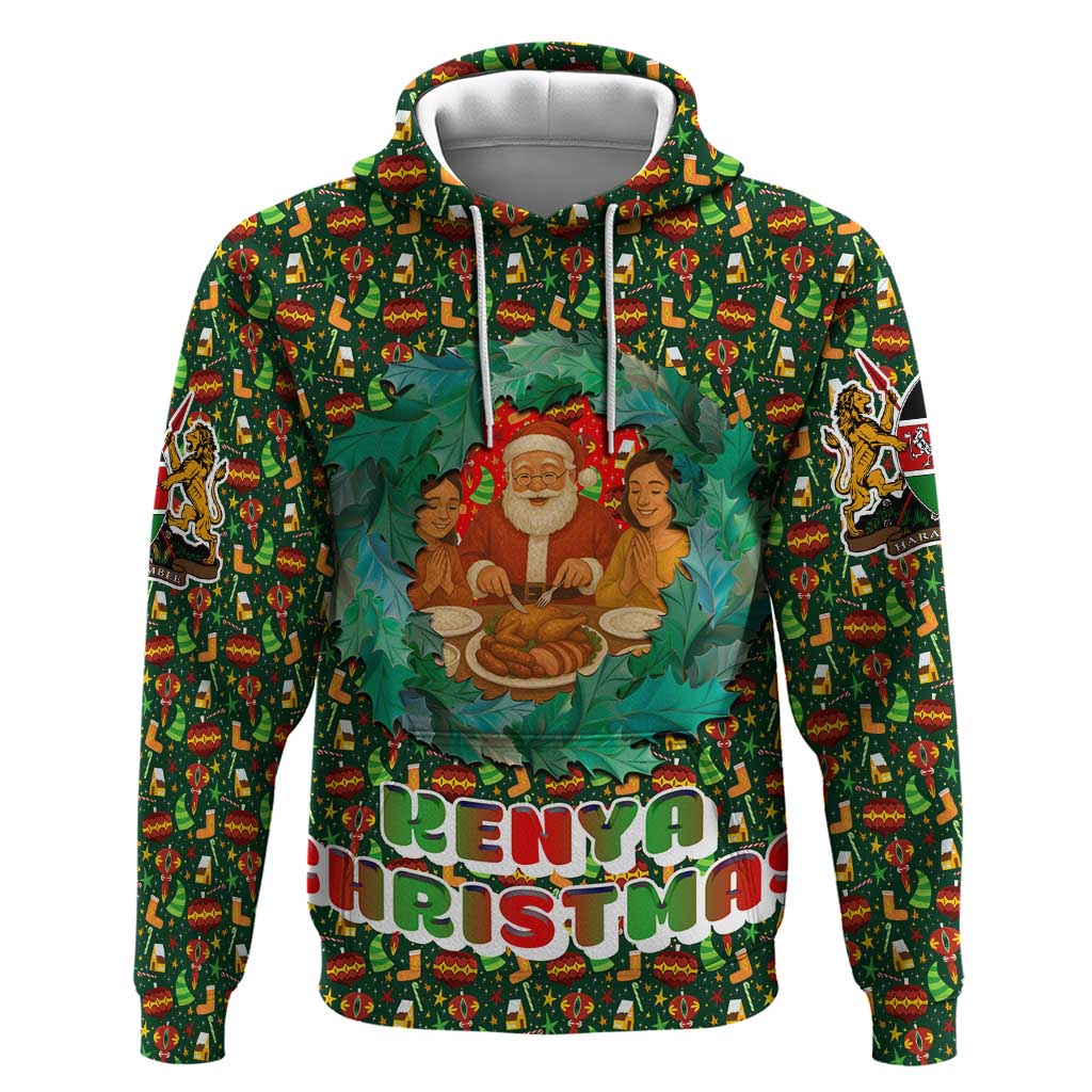 Kenya Christmas Hoodie with Santa Feast Scene and Festive Wreath Pattern TS04