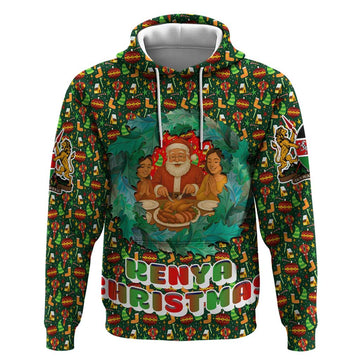 Kenya Christmas Hoodie with Santa Feast Scene and Festive Wreath Pattern TS04