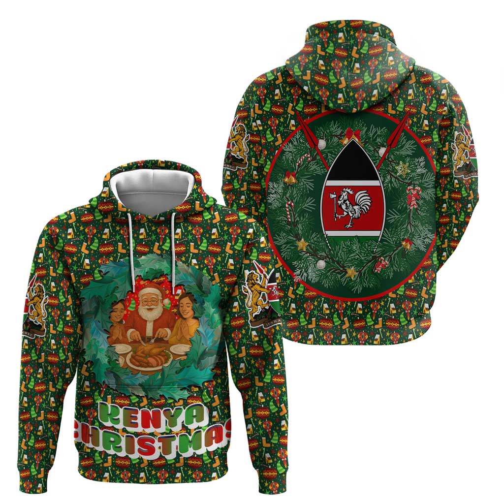 Kenya Christmas Hoodie with Santa Feast Scene and Festive Wreath Pattern TS04