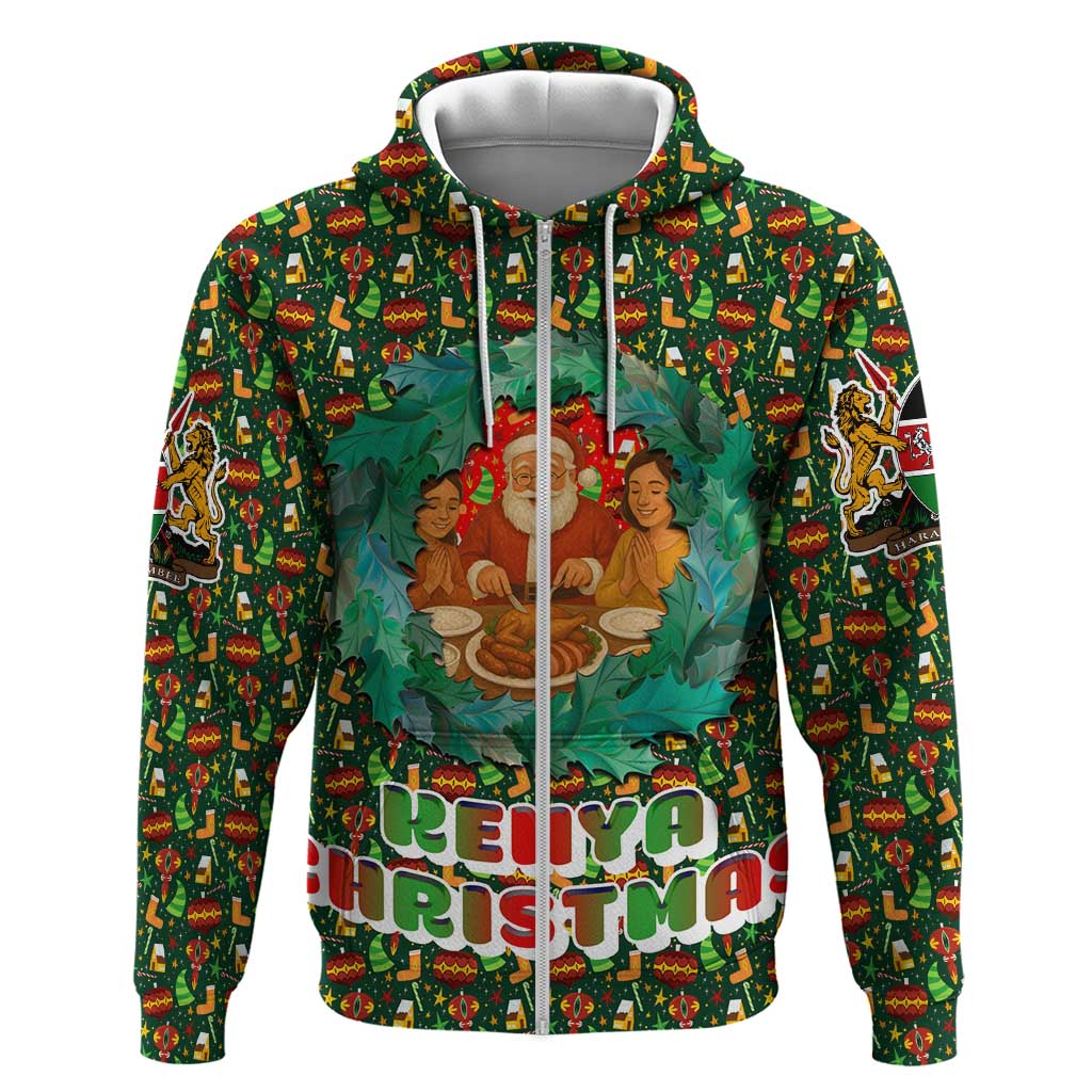 Kenya Christmas Hoodie with Santa Feast Scene and Festive Wreath Pattern TS04