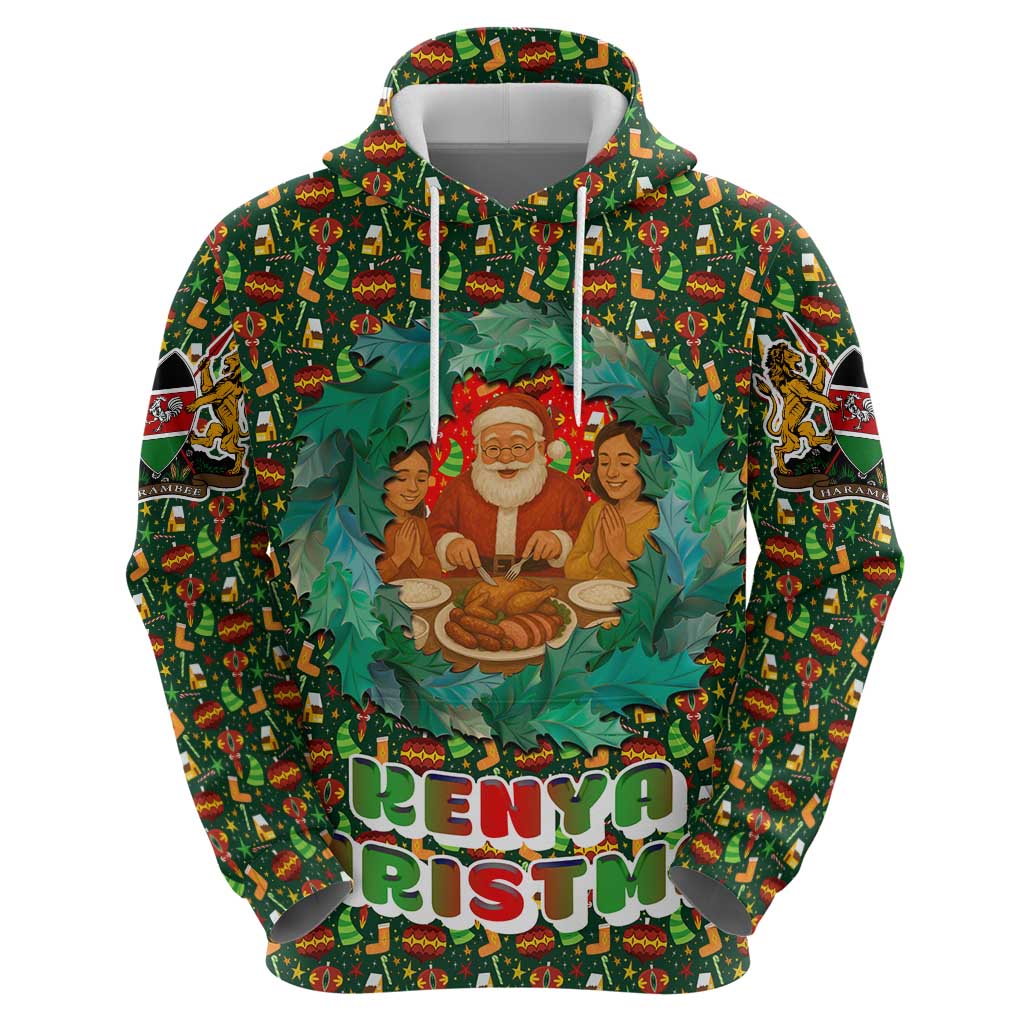 Kenya Christmas Hoodie with Santa Feast Scene and Festive Wreath Pattern TS04