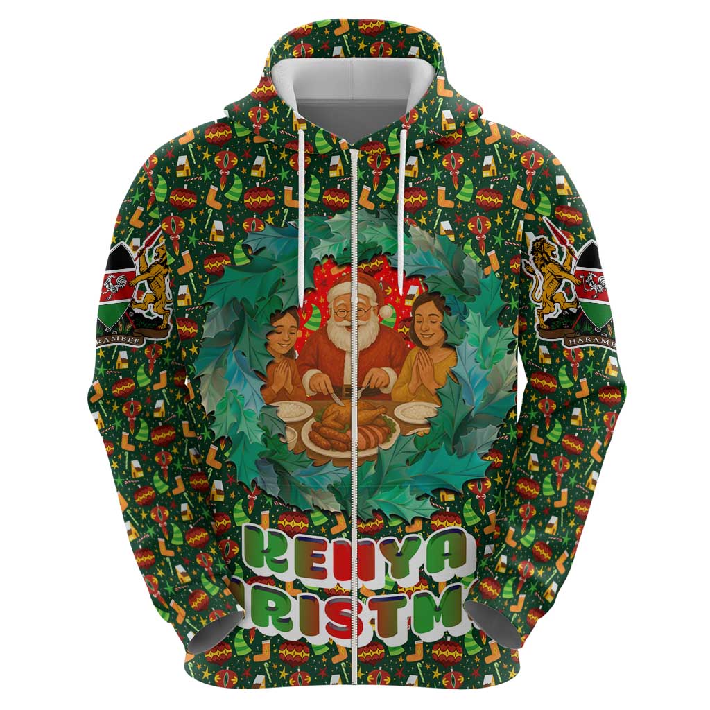 Kenya Christmas Hoodie with Santa Feast Scene and Festive Wreath Pattern TS04
