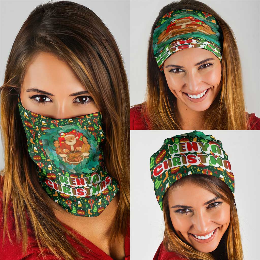 Kenya Christmas Neck Gaiter with Santa Feast Scene and Festive Wreath Pattern TS04