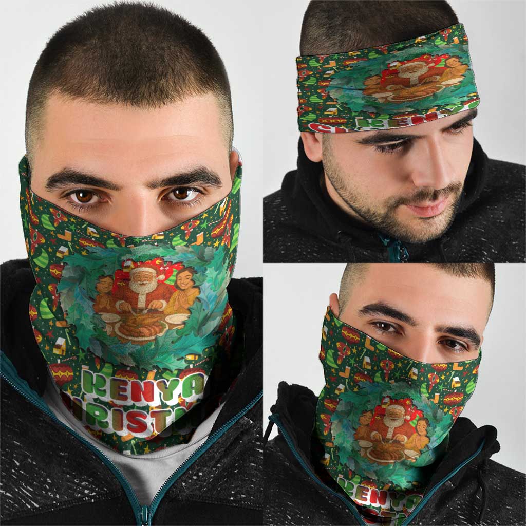 Kenya Christmas Neck Gaiter with Santa Feast Scene and Festive Wreath Pattern TS04