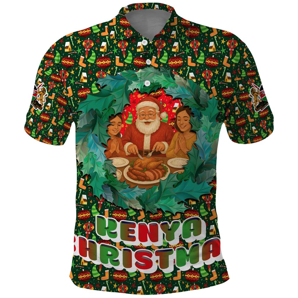 Kenya Christmas Polo Shirt with Santa Feast Scene and Festive Wreath Pattern TS04