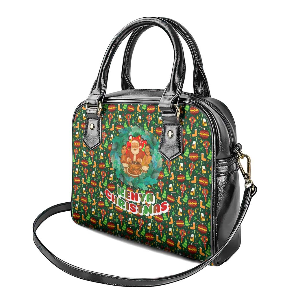 Kenya Christmas Shoulder Handbag with Santa Feast Scene and Festive Wreath Pattern TS04