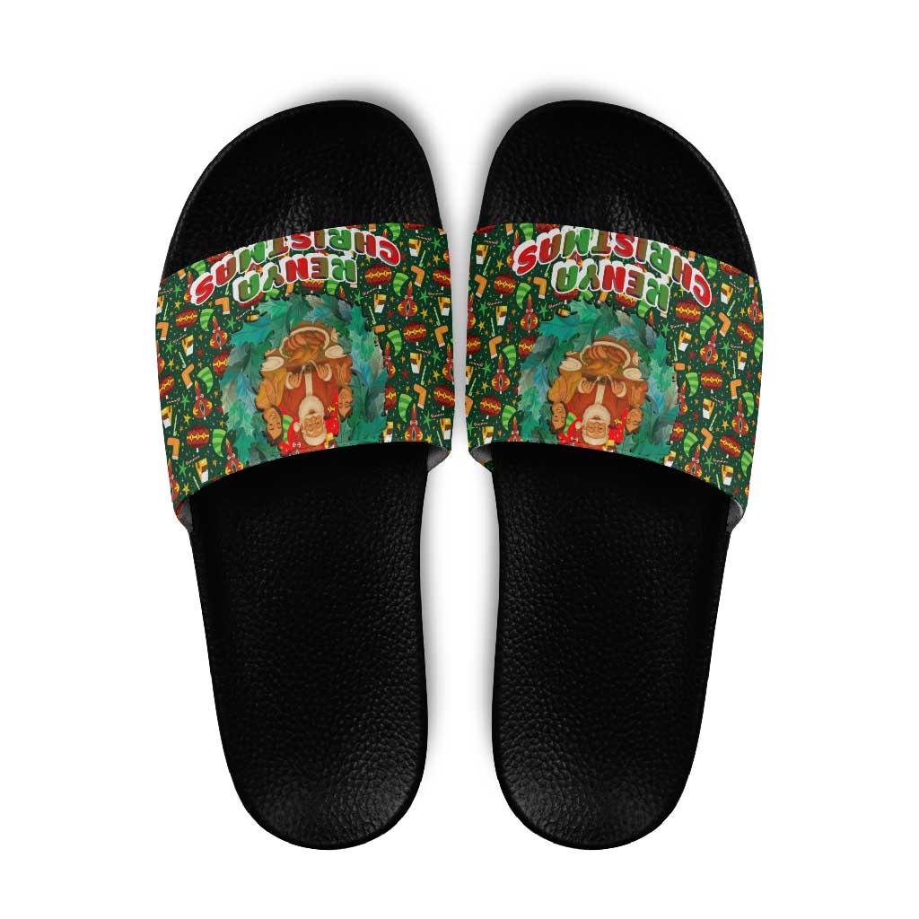 Kenya Christmas Slide Sandals with Santa Feast Scene and Festive Wreath Pattern TS04