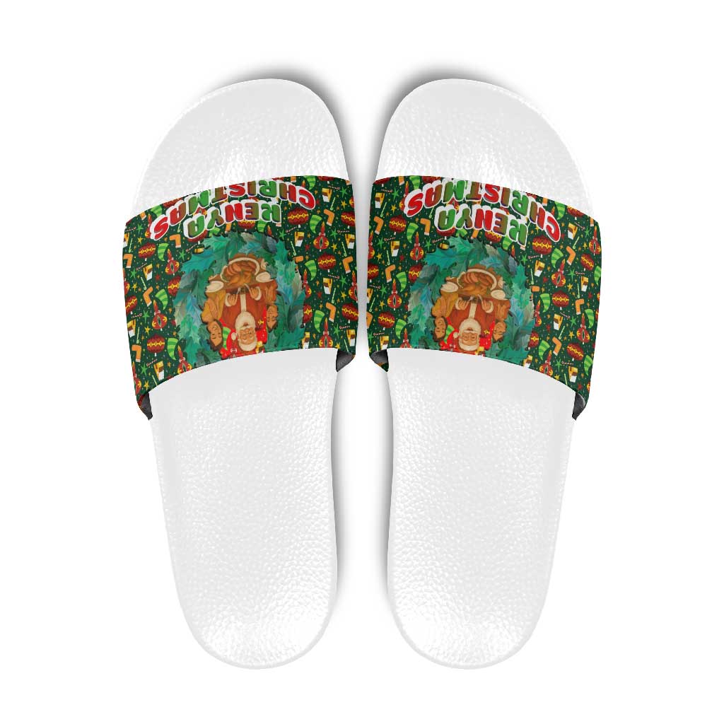 Kenya Christmas Slide Sandals with Santa Feast Scene and Festive Wreath Pattern TS04