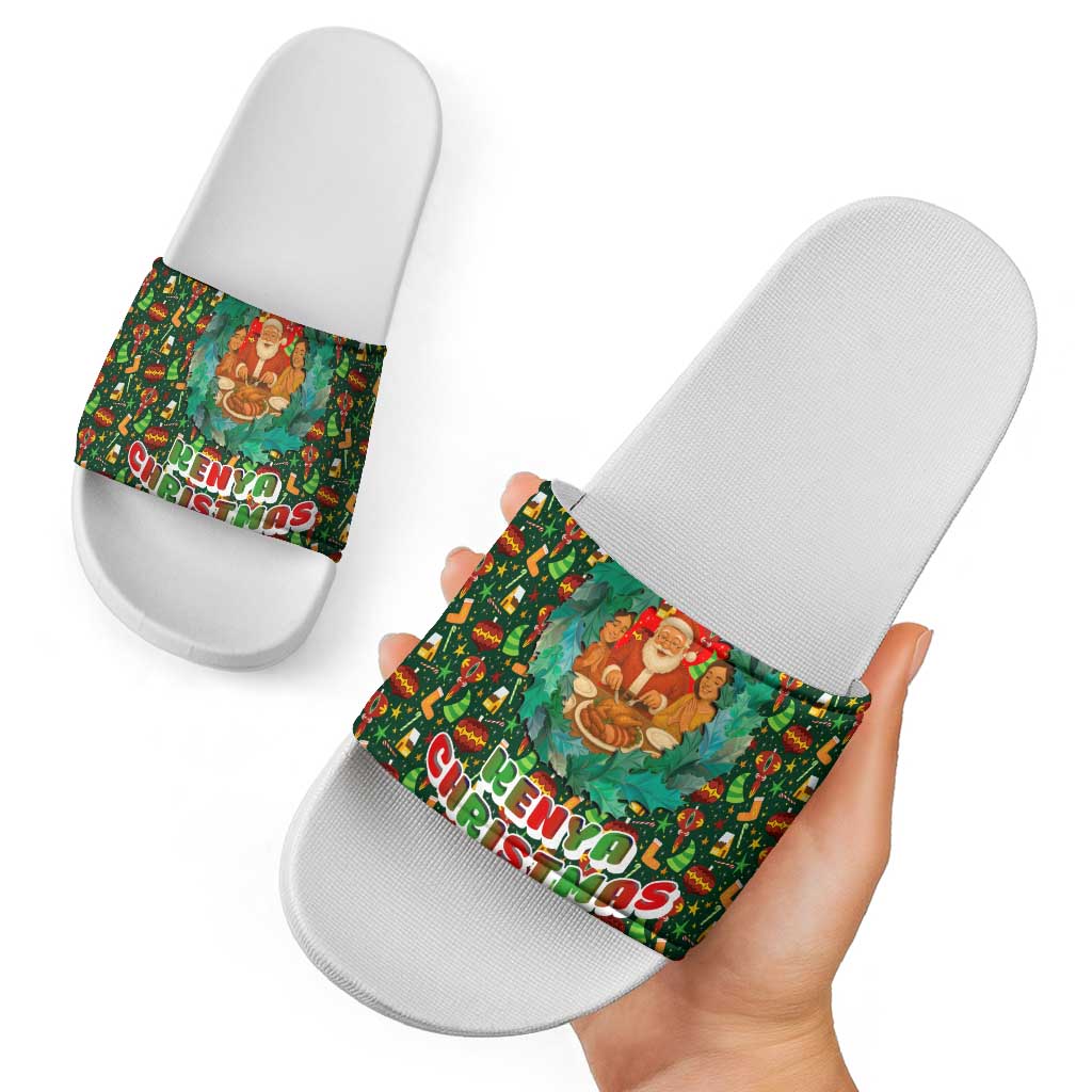 Kenya Christmas Slide Sandals with Santa Feast Scene and Festive Wreath Pattern TS04