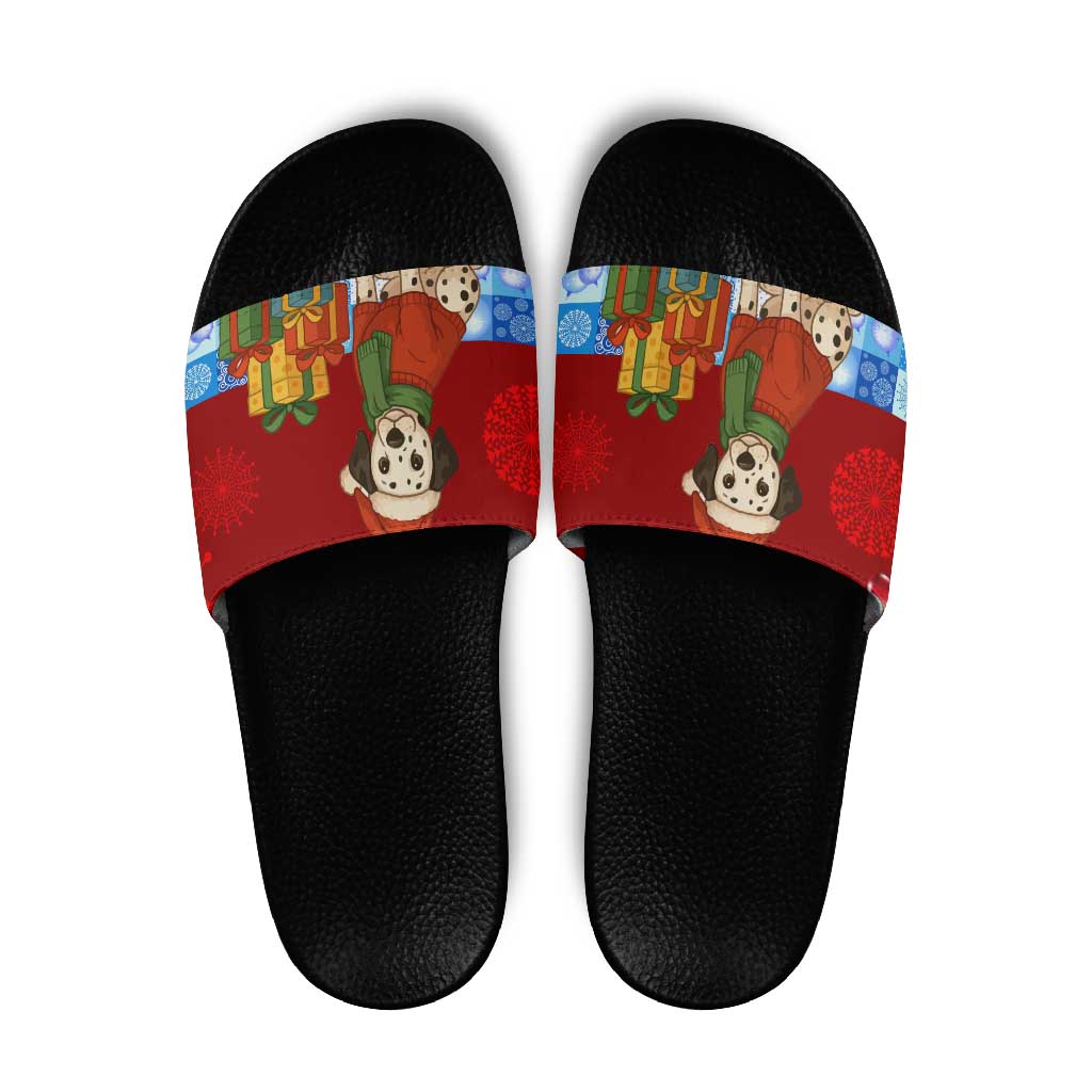 Croatia Christmas Slide Sandals with Dalmatian Dog Presents and Red Plaid Holiday TS04