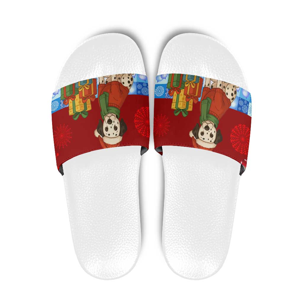 Croatia Christmas Slide Sandals with Dalmatian Dog Presents and Red Plaid Holiday TS04