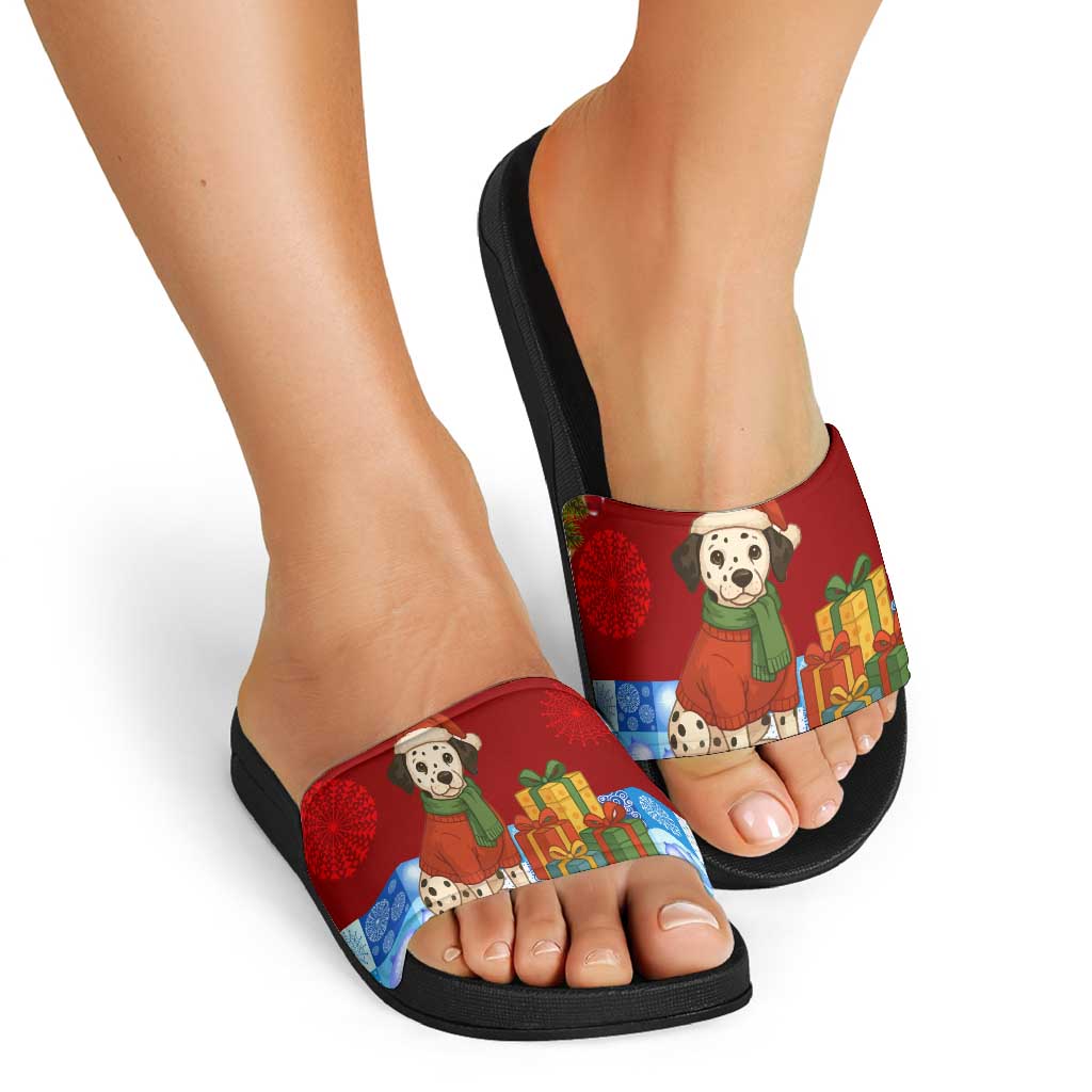 Croatia Christmas Slide Sandals with Dalmatian Dog Presents and Red Plaid Holiday TS04