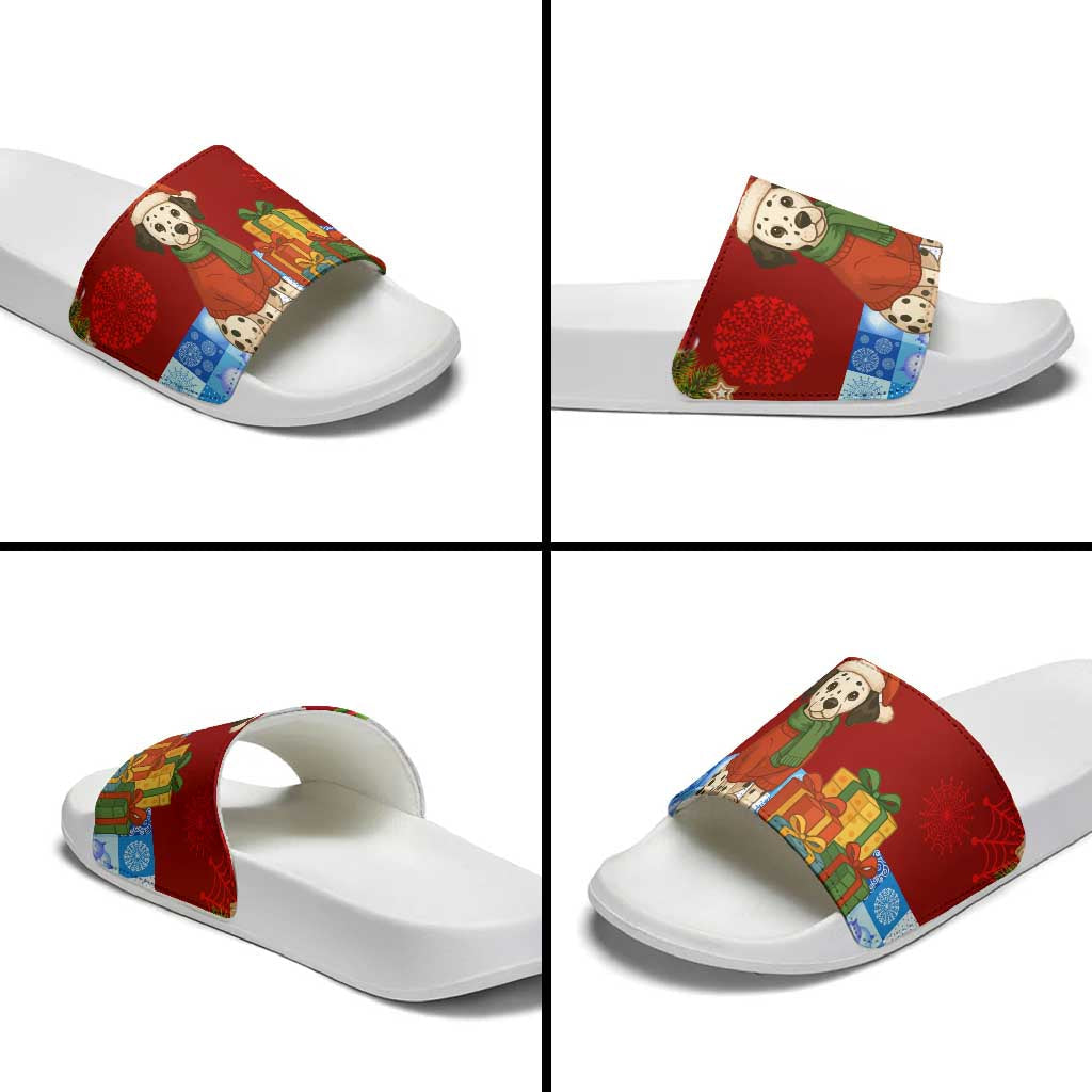Croatia Christmas Slide Sandals with Dalmatian Dog Presents and Red Plaid Holiday TS04