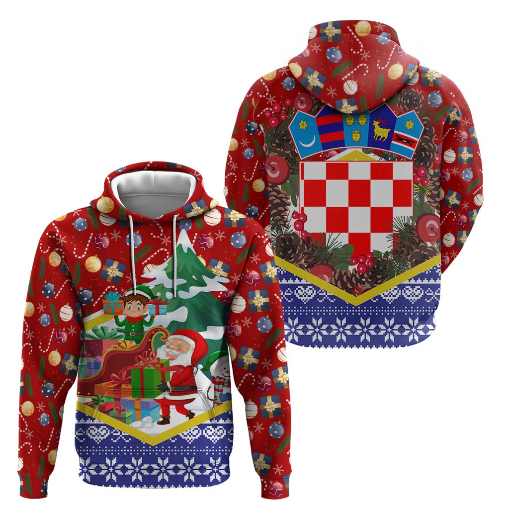 Croatia Christmas Hoodie with Santa Sleigh Presents and Red Checkered Crest TS04
