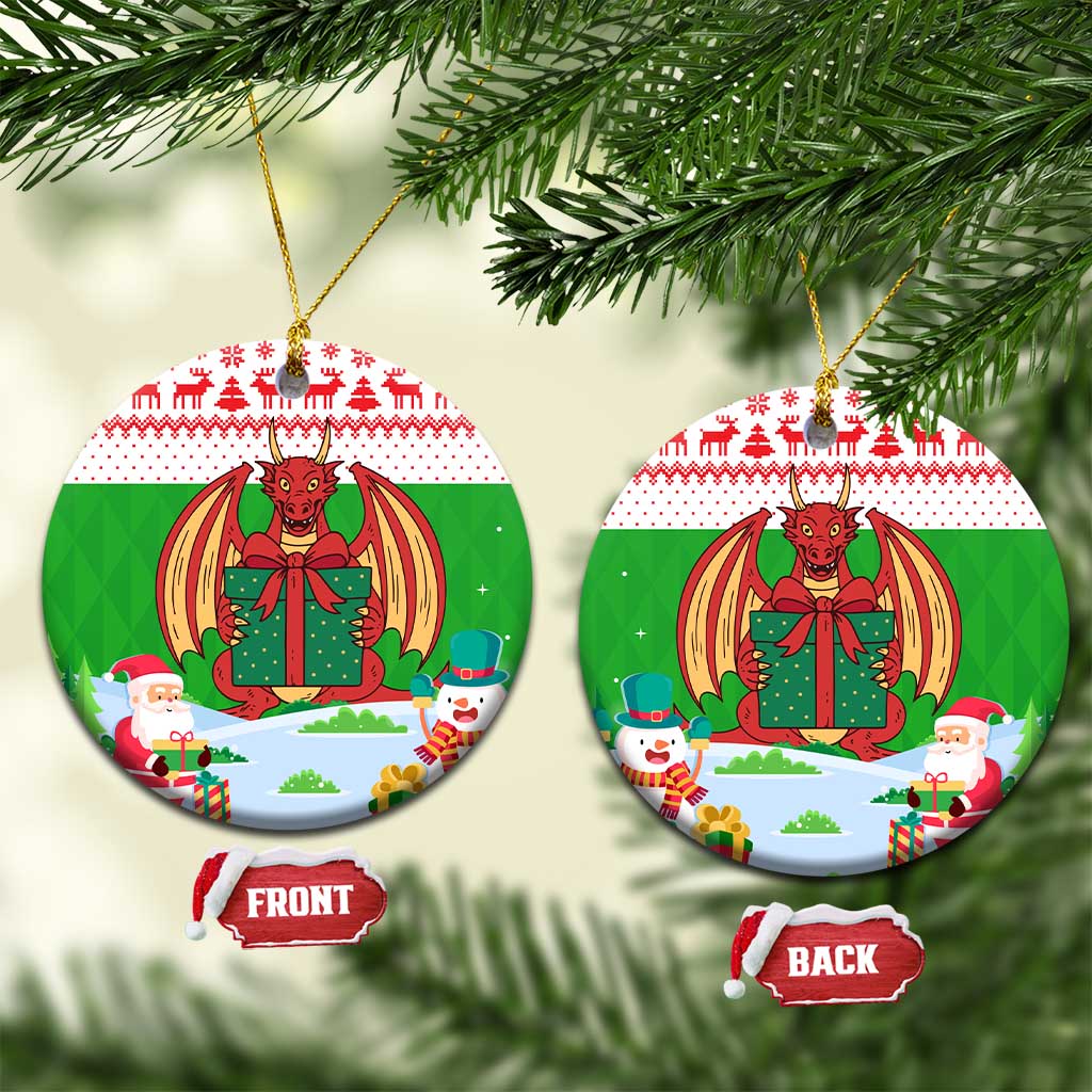 Wales Christmas Ceramic Ornament with Red Dragon Gift and Holiday Crest Snow Scene TS04
