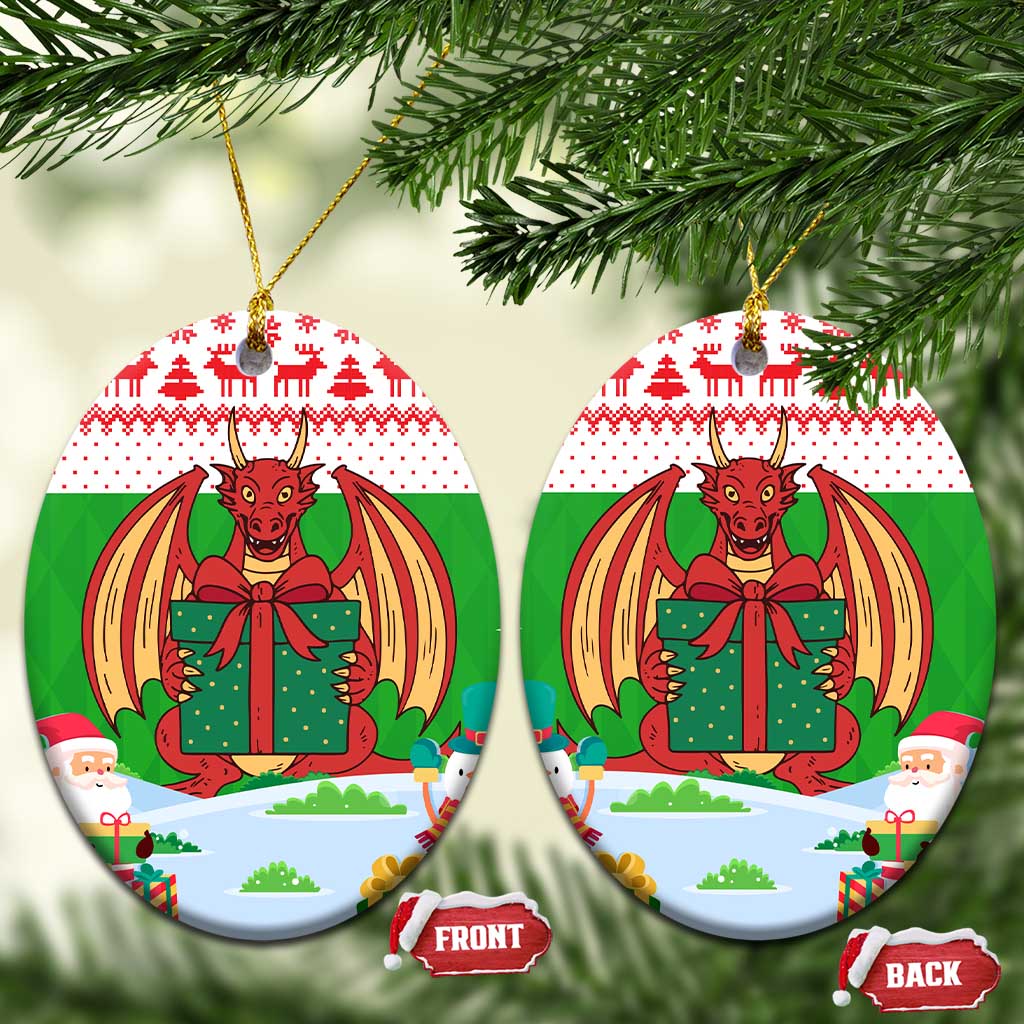 Wales Christmas Ceramic Ornament with Red Dragon Gift and Holiday Crest Snow Scene TS04
