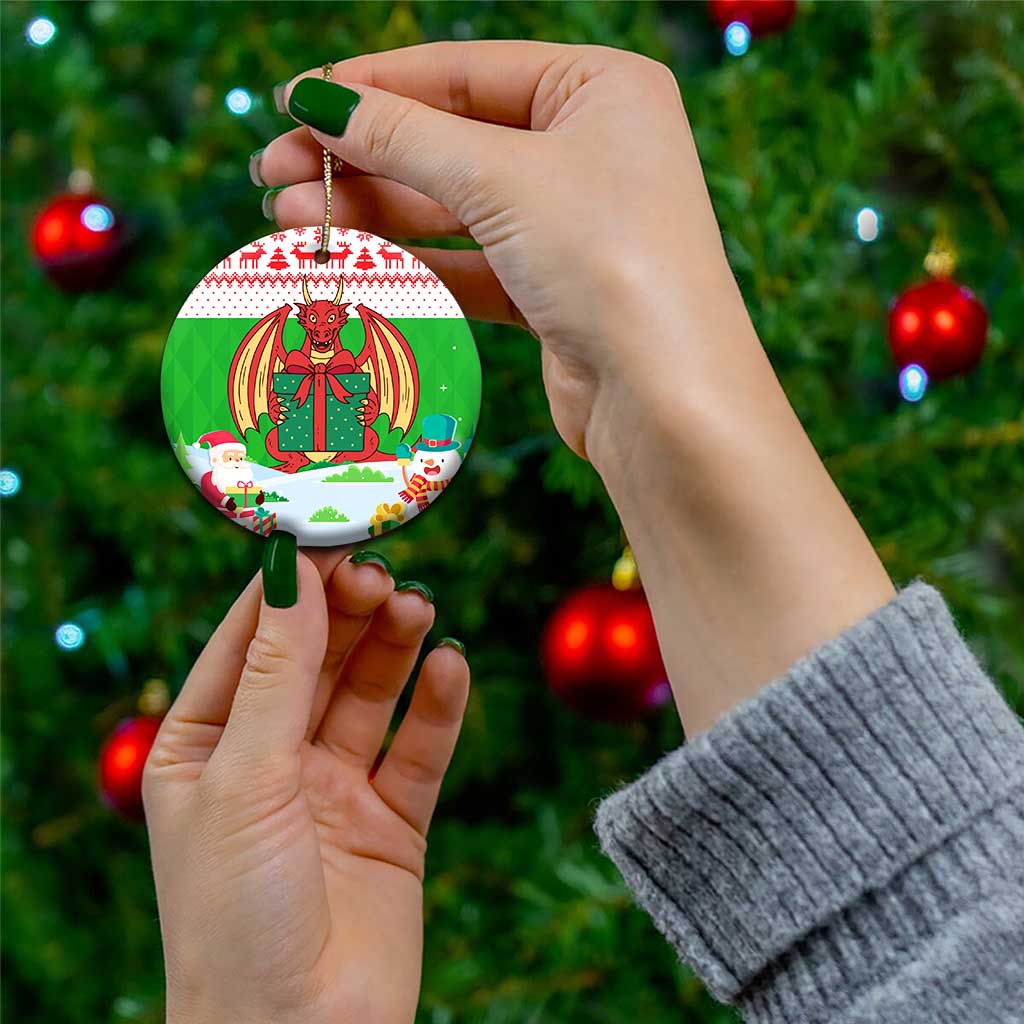 Wales Christmas Ceramic Ornament with Red Dragon Gift and Holiday Crest Snow Scene TS04