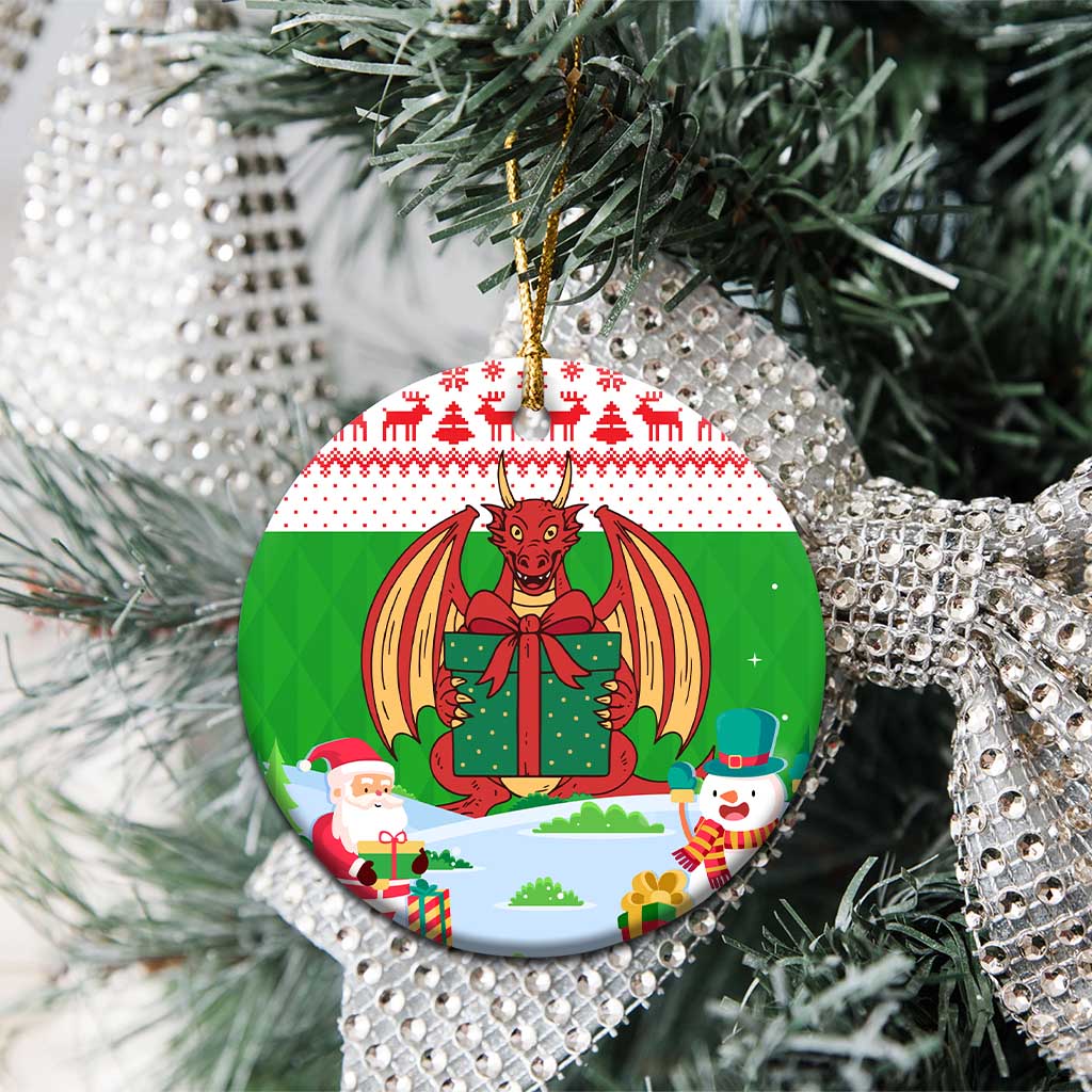 Wales Christmas Ceramic Ornament with Red Dragon Gift and Holiday Crest Snow Scene TS04