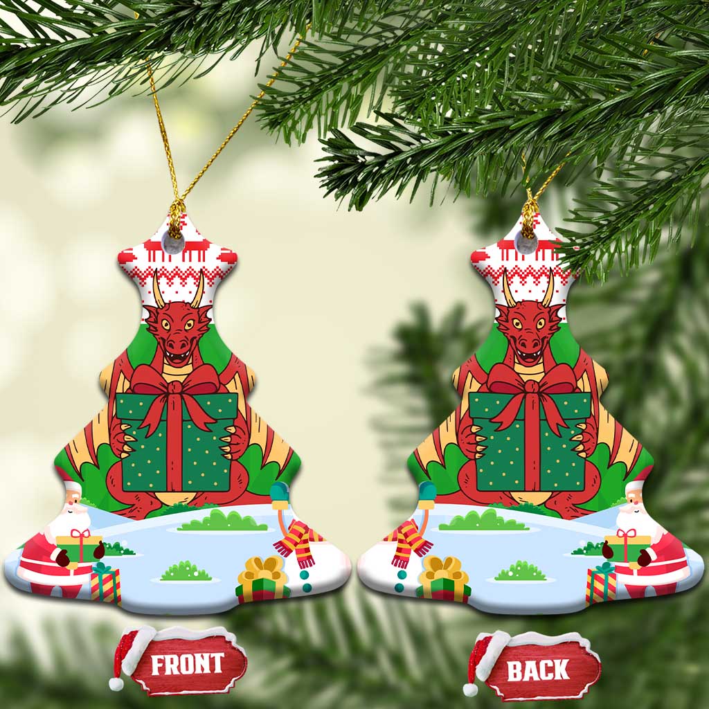 Wales Christmas Ceramic Ornament with Red Dragon Gift and Holiday Crest Snow Scene TS04
