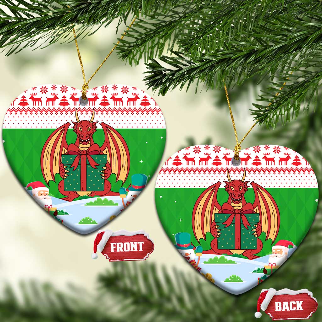 Wales Christmas Ceramic Ornament with Red Dragon Gift and Holiday Crest Snow Scene TS04