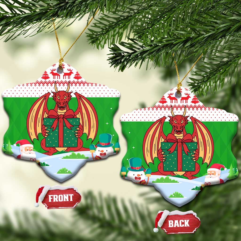 Wales Christmas Ceramic Ornament with Red Dragon Gift and Holiday Crest Snow Scene TS04