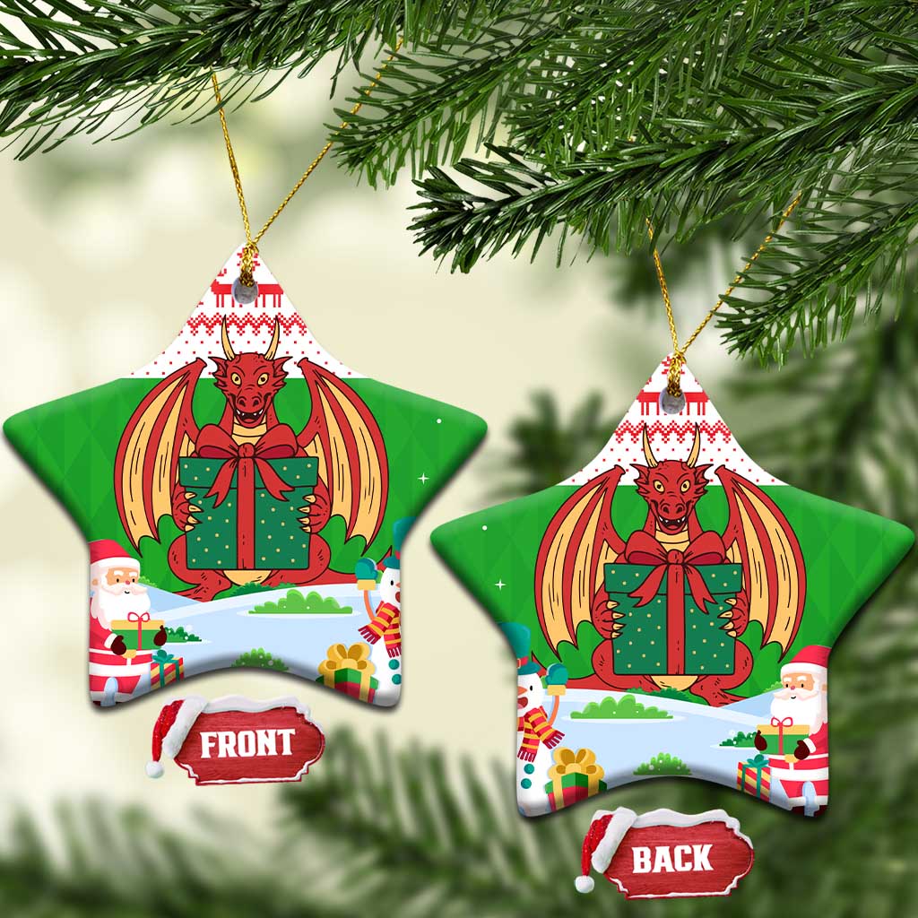 Wales Christmas Ceramic Ornament with Red Dragon Gift and Holiday Crest Snow Scene TS04