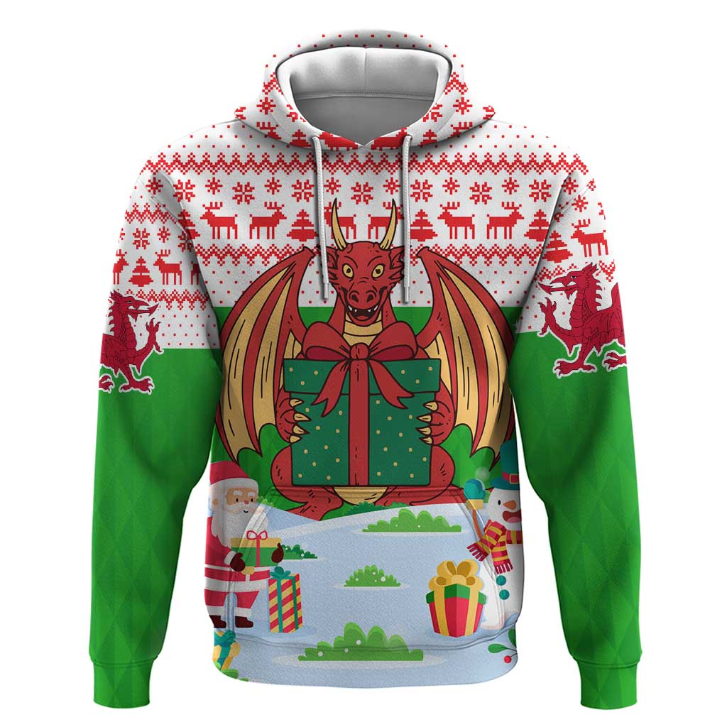 Wales Christmas Hoodie with Red Dragon Gift and Holiday Crest Snow Scene TS04