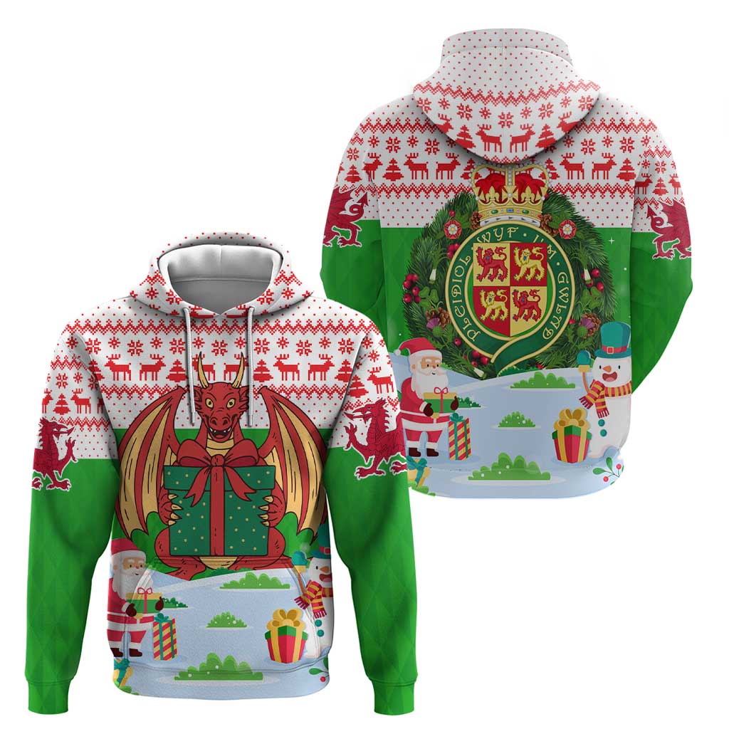 Wales Christmas Hoodie with Red Dragon Gift and Holiday Crest Snow Scene TS04