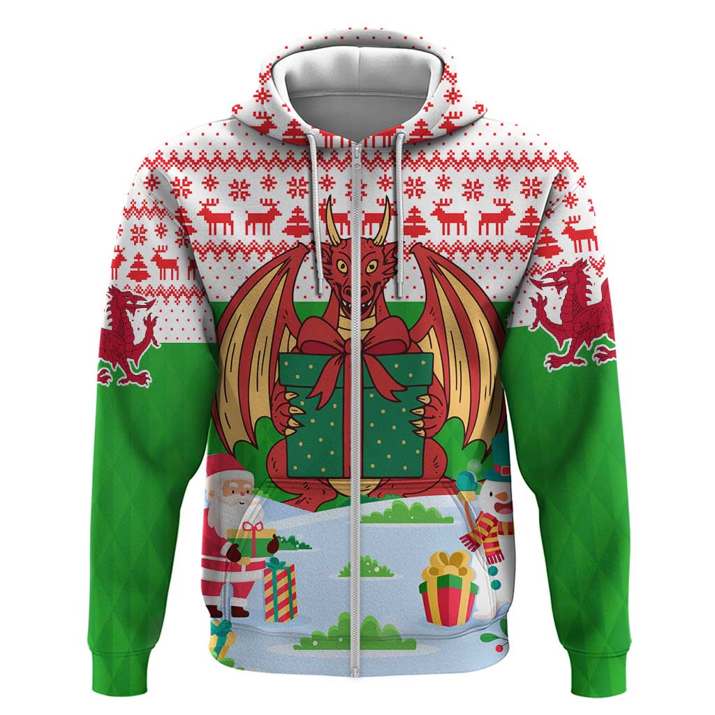 Wales Christmas Hoodie with Red Dragon Gift and Holiday Crest Snow Scene TS04