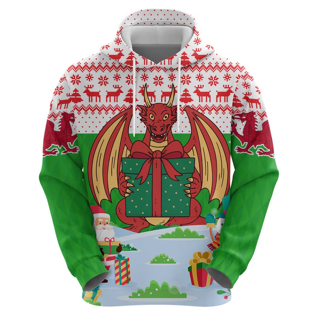 Wales Christmas Hoodie with Red Dragon Gift and Holiday Crest Snow Scene TS04