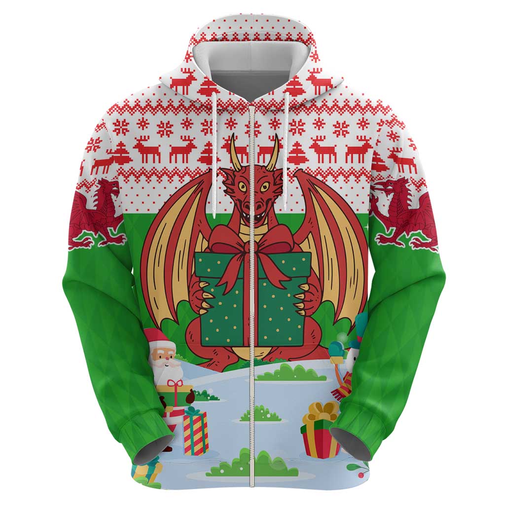 Wales Christmas Hoodie with Red Dragon Gift and Holiday Crest Snow Scene TS04