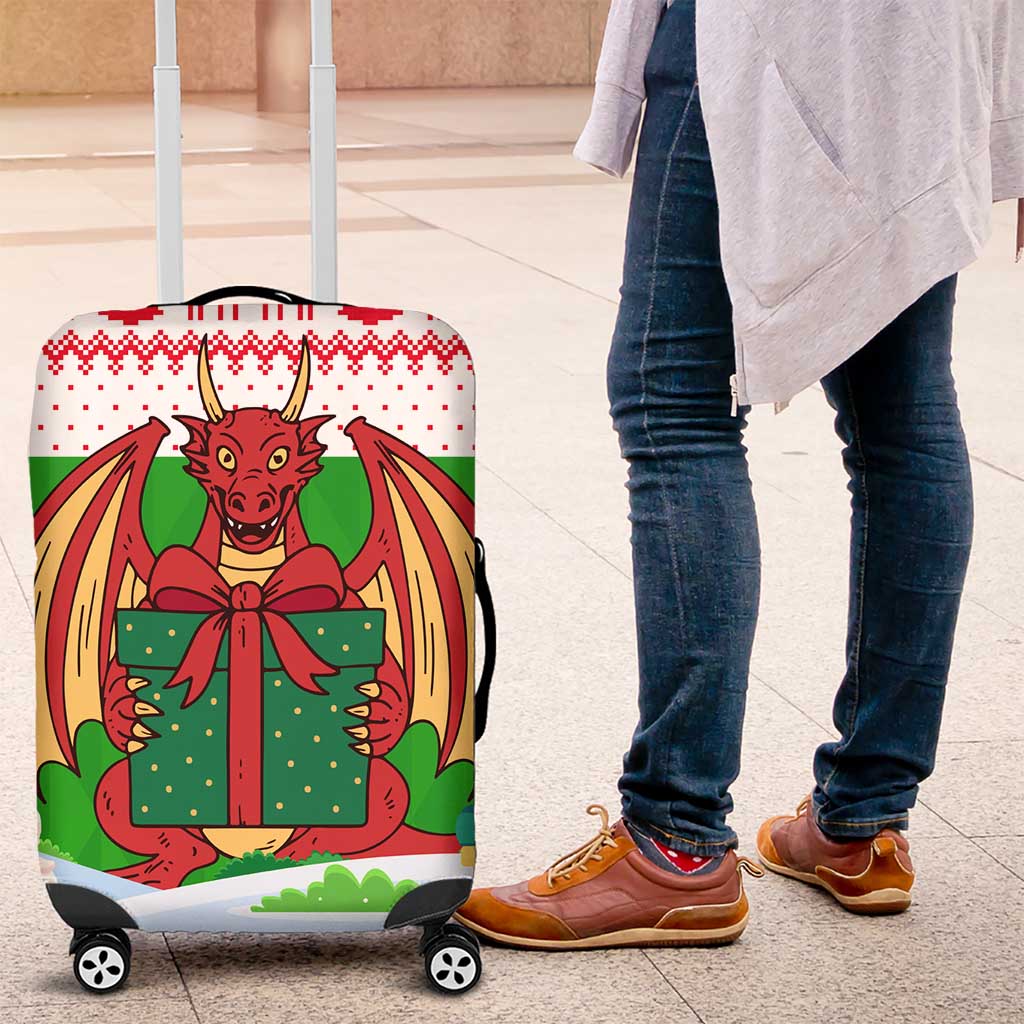 Wales Christmas Luggage Cover with Red Dragon Gift and Holiday Crest Snow Scene TS04