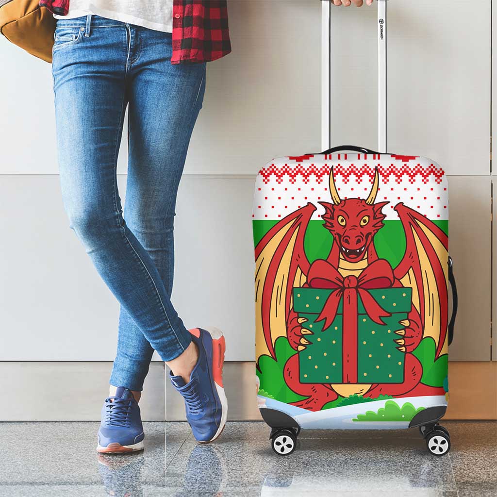 Wales Christmas Luggage Cover with Red Dragon Gift and Holiday Crest Snow Scene TS04
