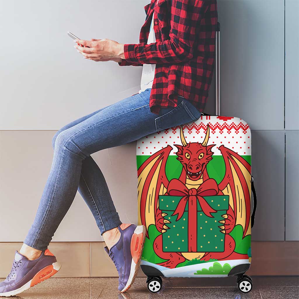 Wales Christmas Luggage Cover with Red Dragon Gift and Holiday Crest Snow Scene TS04