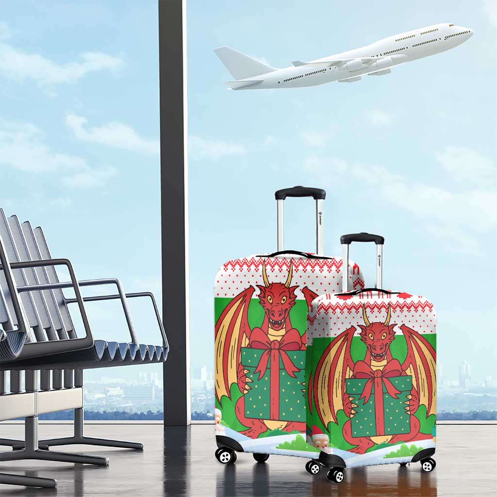 Wales Christmas Luggage Cover with Red Dragon Gift and Holiday Crest Snow Scene TS04