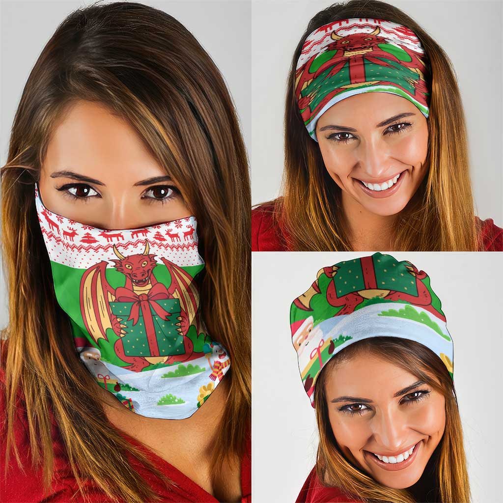 Wales Christmas Neck Gaiter with Red Dragon Gift and Holiday Crest Snow Scene TS04