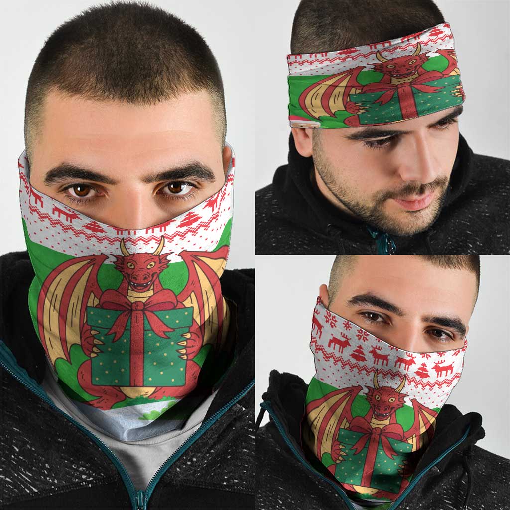Wales Christmas Neck Gaiter with Red Dragon Gift and Holiday Crest Snow Scene TS04