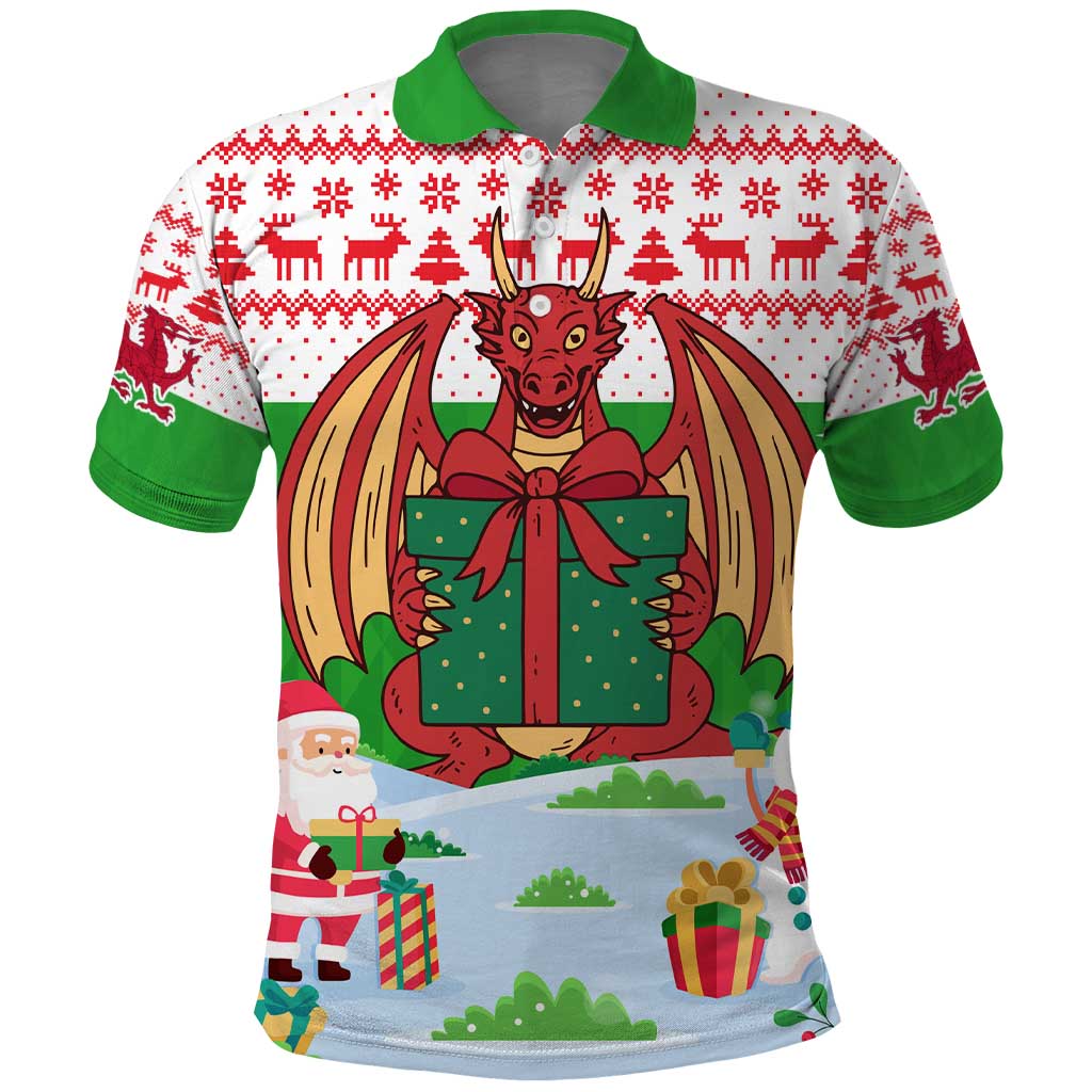 Wales Christmas Polo Shirt with Red Dragon Gift and Holiday Crest Snow Scene TS04