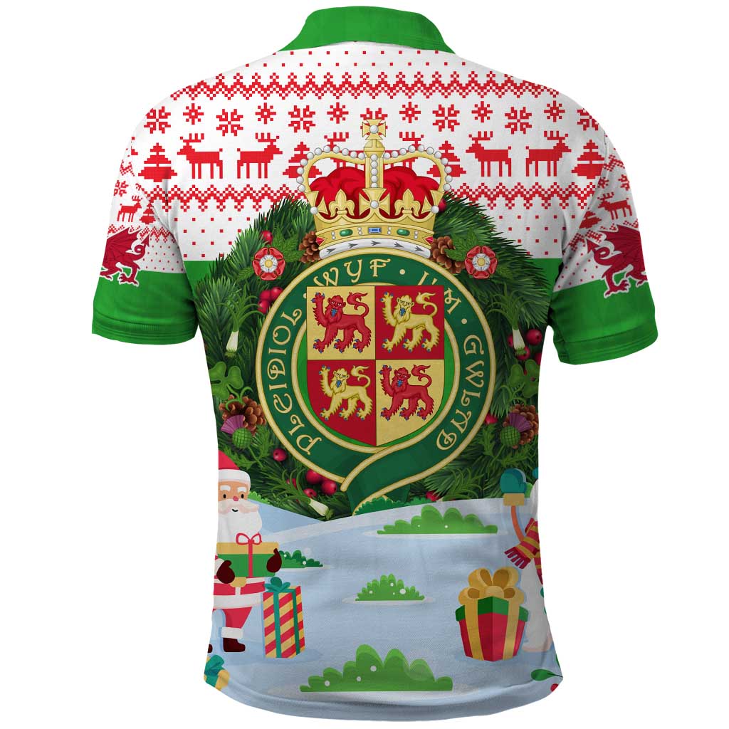 Wales Christmas Polo Shirt with Red Dragon Gift and Holiday Crest Snow Scene TS04
