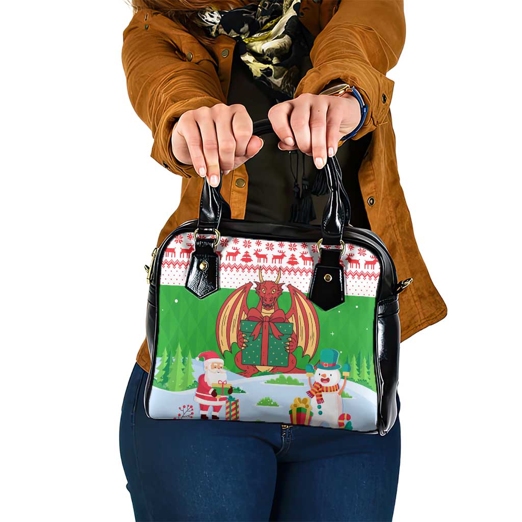 Wales Christmas Shoulder Handbag with Red Dragon Gift and Holiday Crest Snow Scene TS04