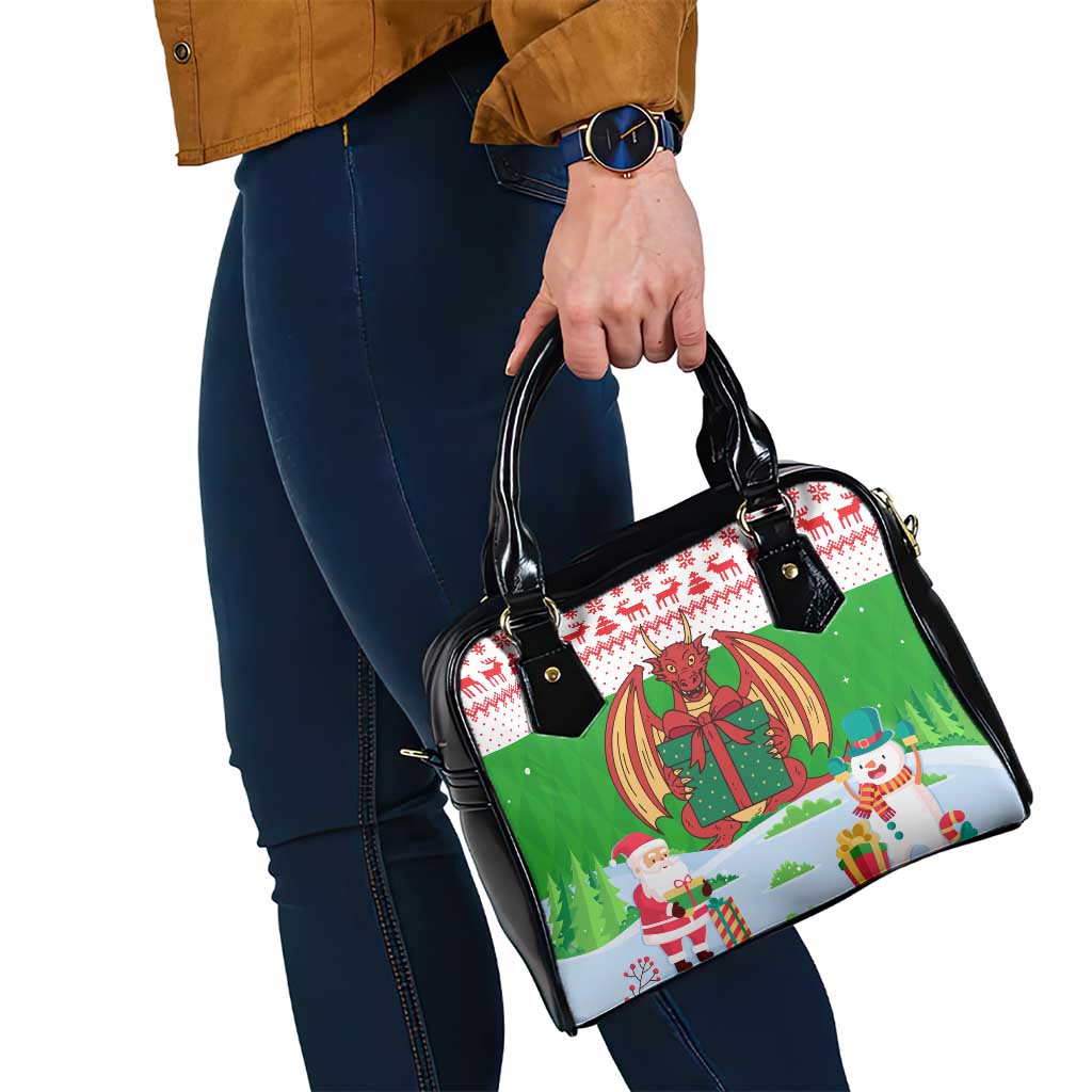 Wales Christmas Shoulder Handbag with Red Dragon Gift and Holiday Crest Snow Scene TS04