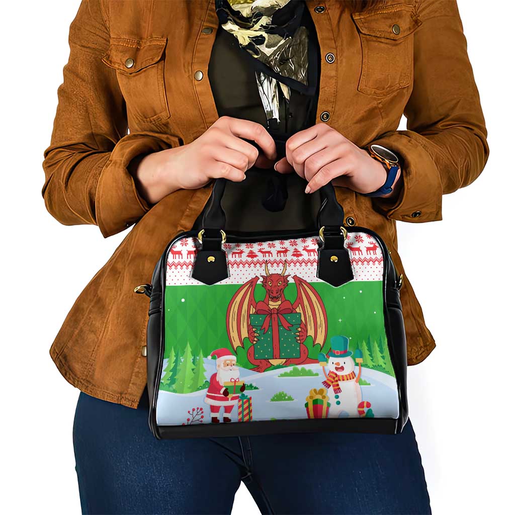 Wales Christmas Shoulder Handbag with Red Dragon Gift and Holiday Crest Snow Scene TS04