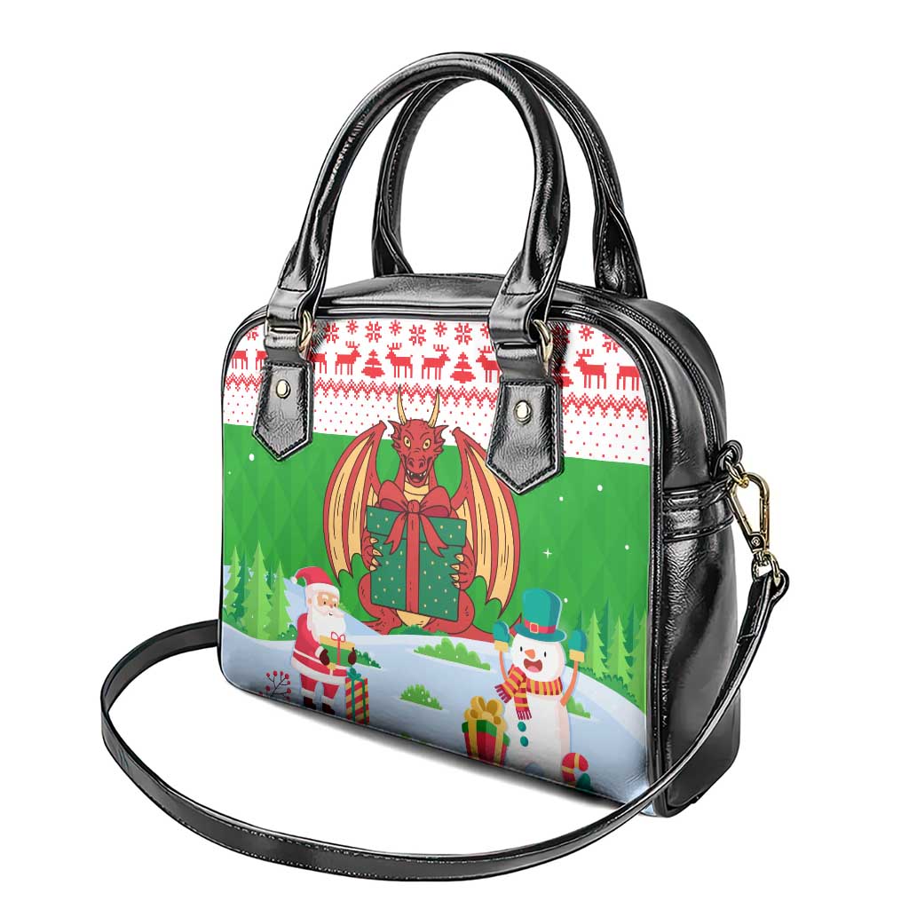 Wales Christmas Shoulder Handbag with Red Dragon Gift and Holiday Crest Snow Scene TS04