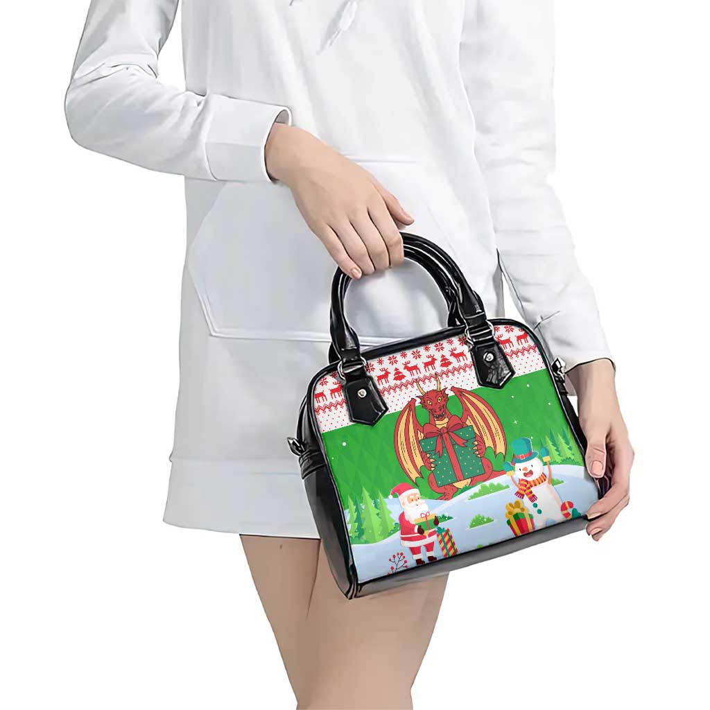 Wales Christmas Shoulder Handbag with Red Dragon Gift and Holiday Crest Snow Scene TS04