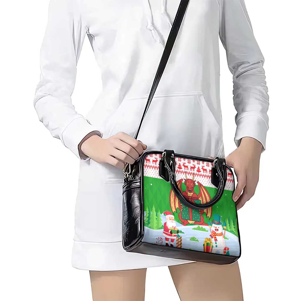 Wales Christmas Shoulder Handbag with Red Dragon Gift and Holiday Crest Snow Scene TS04