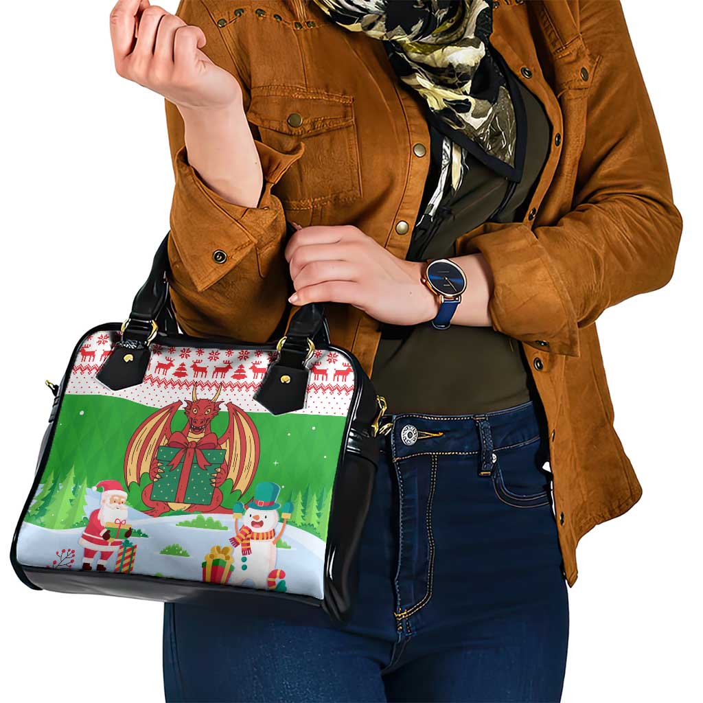 Wales Christmas Shoulder Handbag with Red Dragon Gift and Holiday Crest Snow Scene TS04